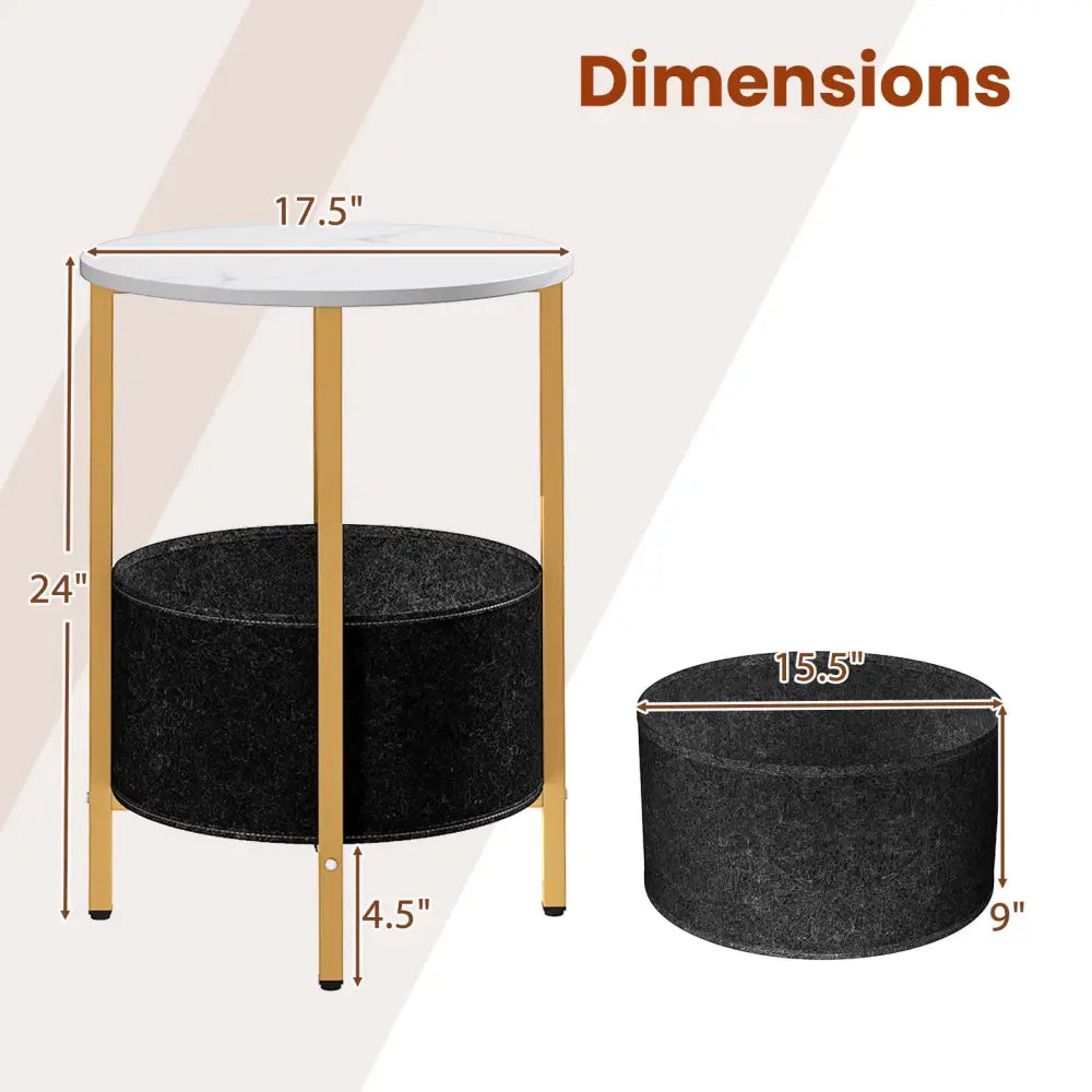 Round End Table 2-Tier Side Table with Removable Fabric Basket and Metal Frame-White - White - End & Side Tables