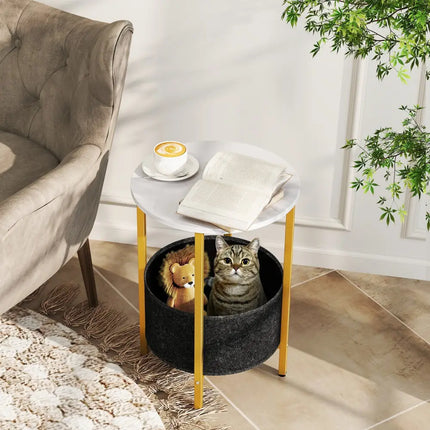 Round End Table 2-Tier Side Table with Removable Fabric Basket and Metal Frame-White - White - Living Room