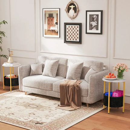 Round End Table 2-Tier Side Table with Removable Fabric Basket and Metal Frame-White - White - Living Room