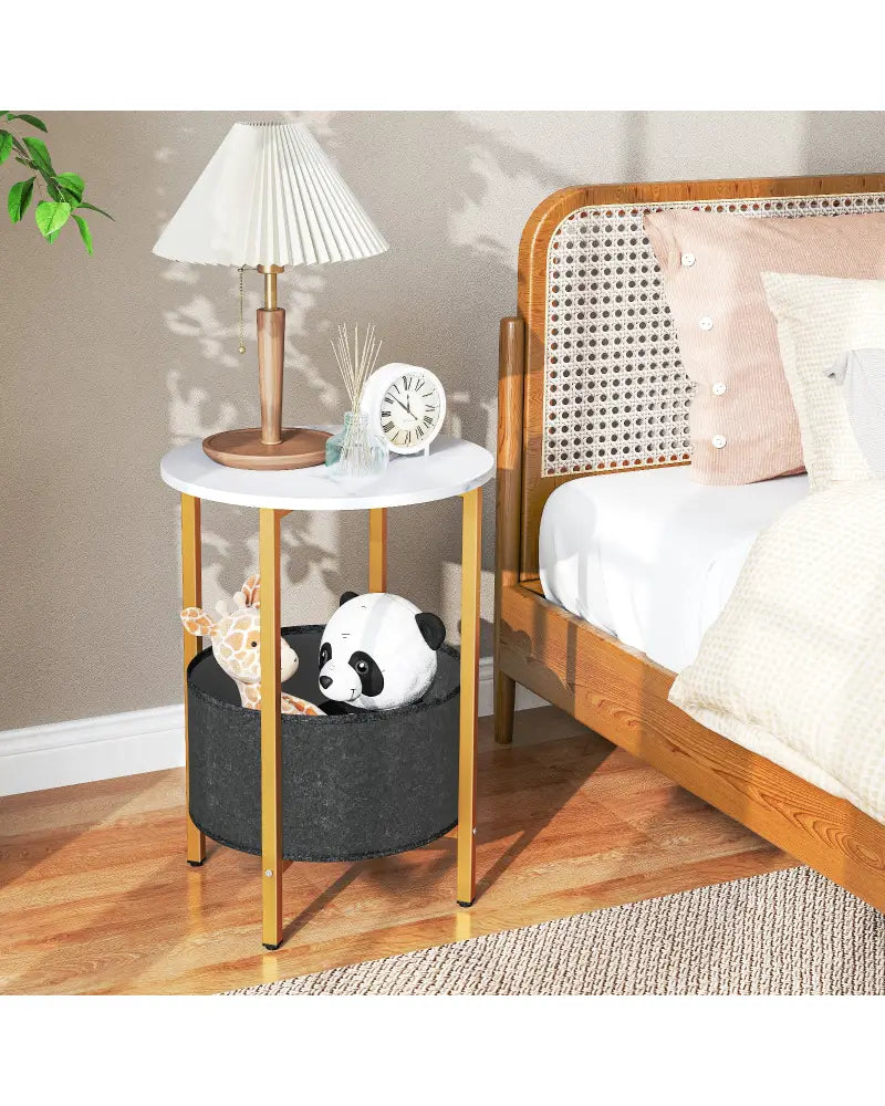 Round End Table 2-Tier Side Table with Removable Fabric Basket and Metal Frame-White - White - End & Side Tables