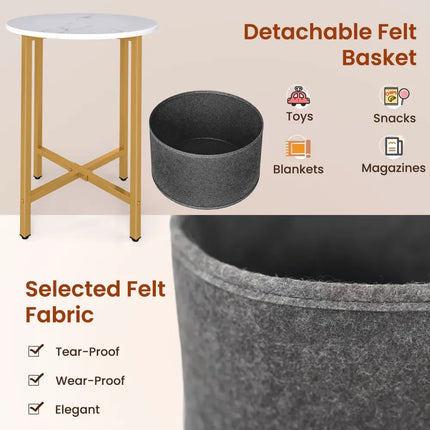 Round End Table 2-Tier Side Table with Removable Fabric Basket and Metal Frame-White - White - Living Room