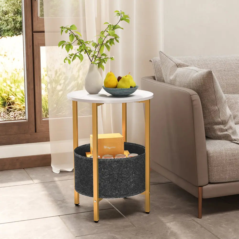 Round End Table 2-Tier Side Table with Removable Fabric Basket and Metal Frame-White - White - End & Side Tables