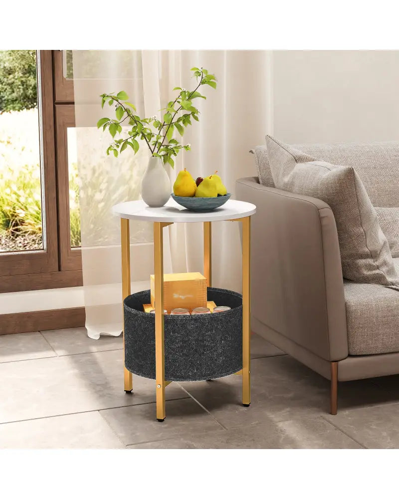 Round End Table 2-Tier Side Table with Removable Fabric Basket and Metal Frame-White - White - End & Side Tables
