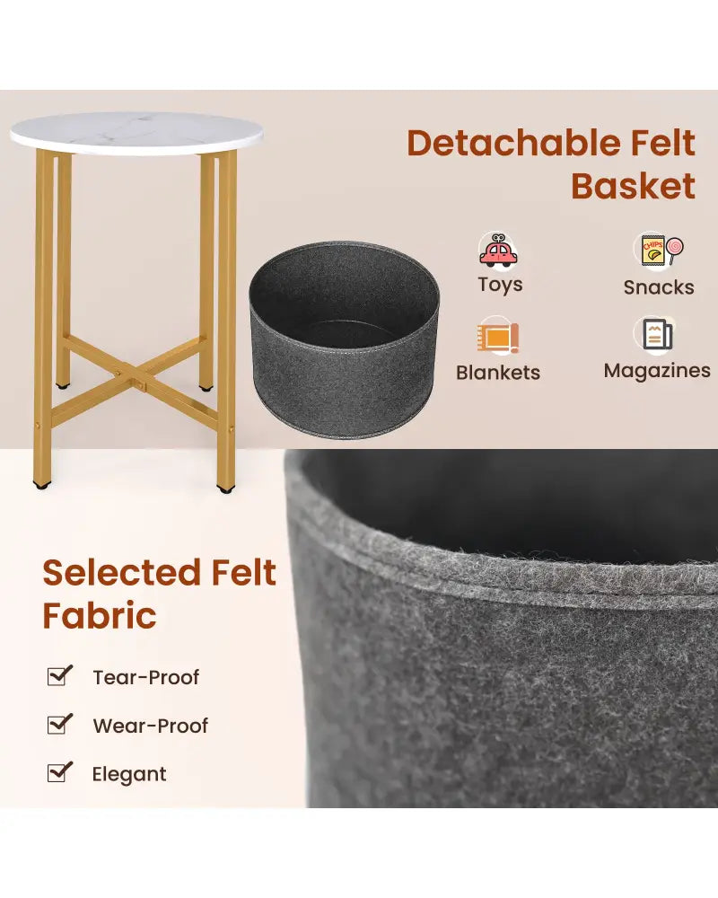 Round End Table 2-Tier Side Table with Removable Fabric Basket and Metal Frame-White - White - End & Side Tables
