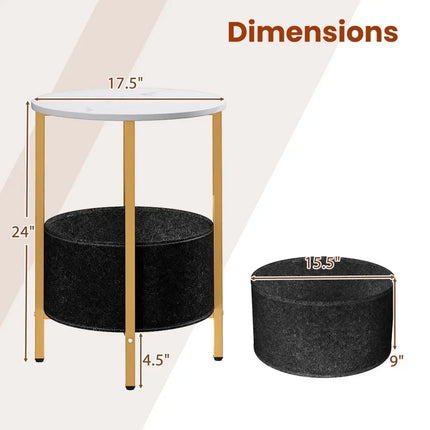 Round End Table 2-Tier Side Table with Removable Fabric Basket and Metal Frame-White - White - Living Room