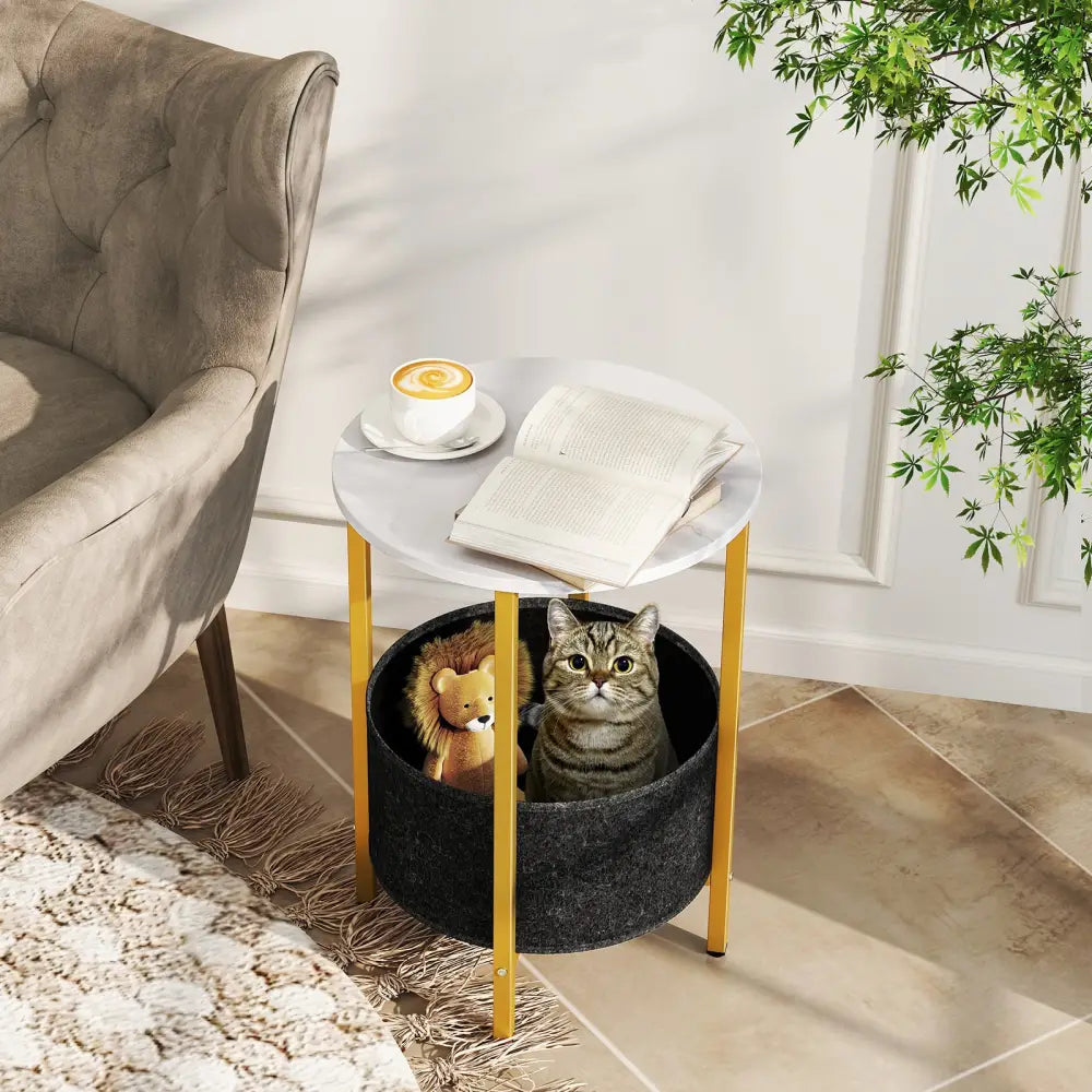 Round End Table 2-Tier Side Table with Removable Fabric Basket and Metal Frame-White - White - End & Side Tables