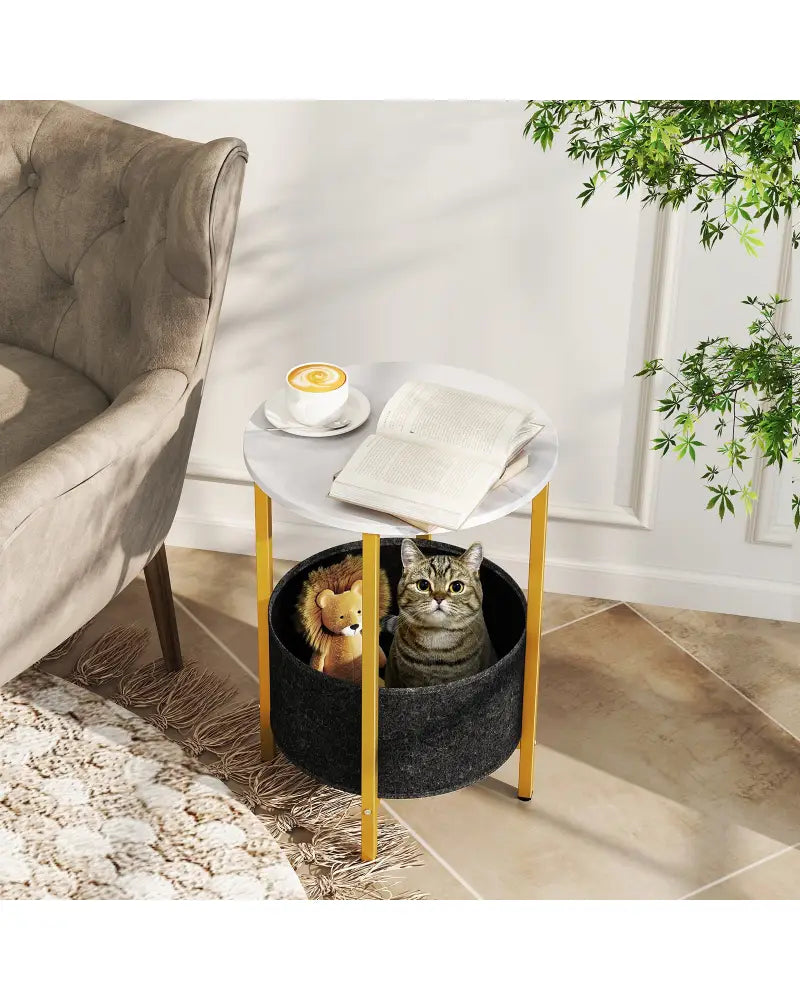 Round End Table 2-Tier Side Table with Removable Fabric Basket and Metal Frame-White - White - End & Side Tables