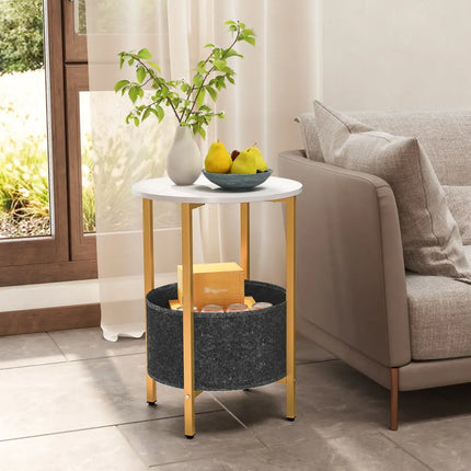 Round End Table 2-Tier Side Table with Removable Fabric Basket and Metal Frame-White - White - Living Room