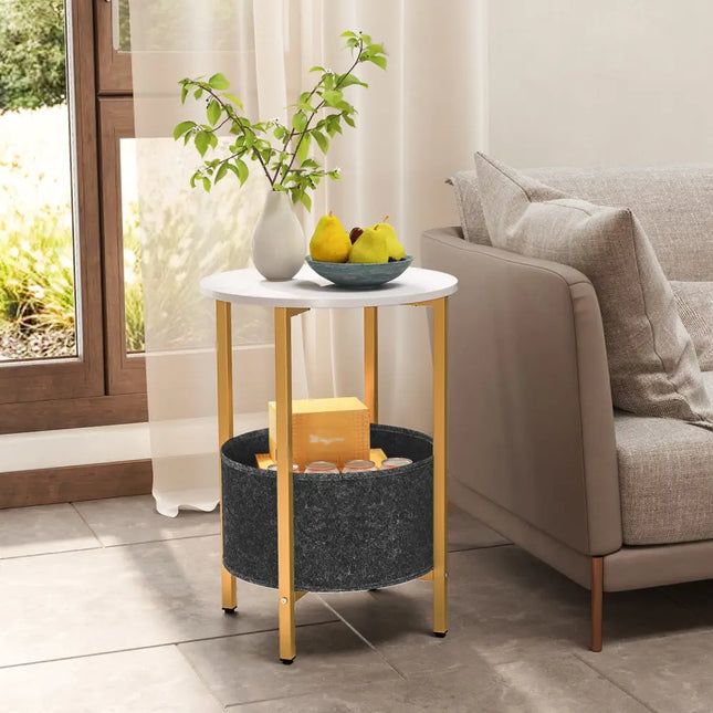 Round End Table 2-Tier Side Table with Removable Fabric Basket and Metal Frame-White - White - Living Room