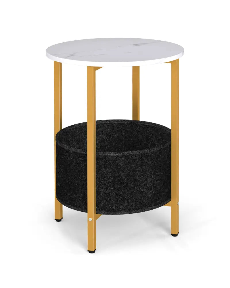 Round End Table 2-Tier Side Table with Removable Fabric Basket and Metal Frame-White - White - End & Side Tables