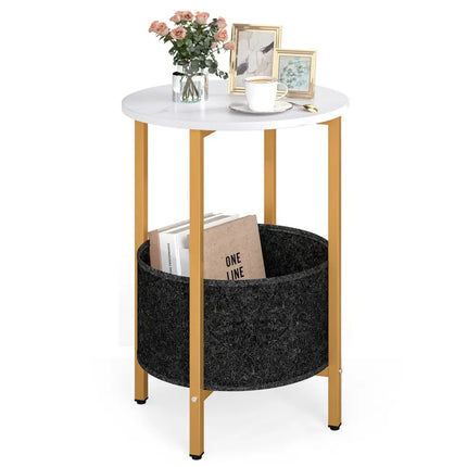 Round End Table 2-Tier Side Table with Removable Fabric Basket and Metal Frame-White - White - Living Room