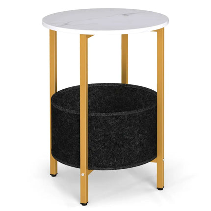 Round End Table 2-Tier Side Table with Removable Fabric Basket and Metal Frame-White - White - Living Room