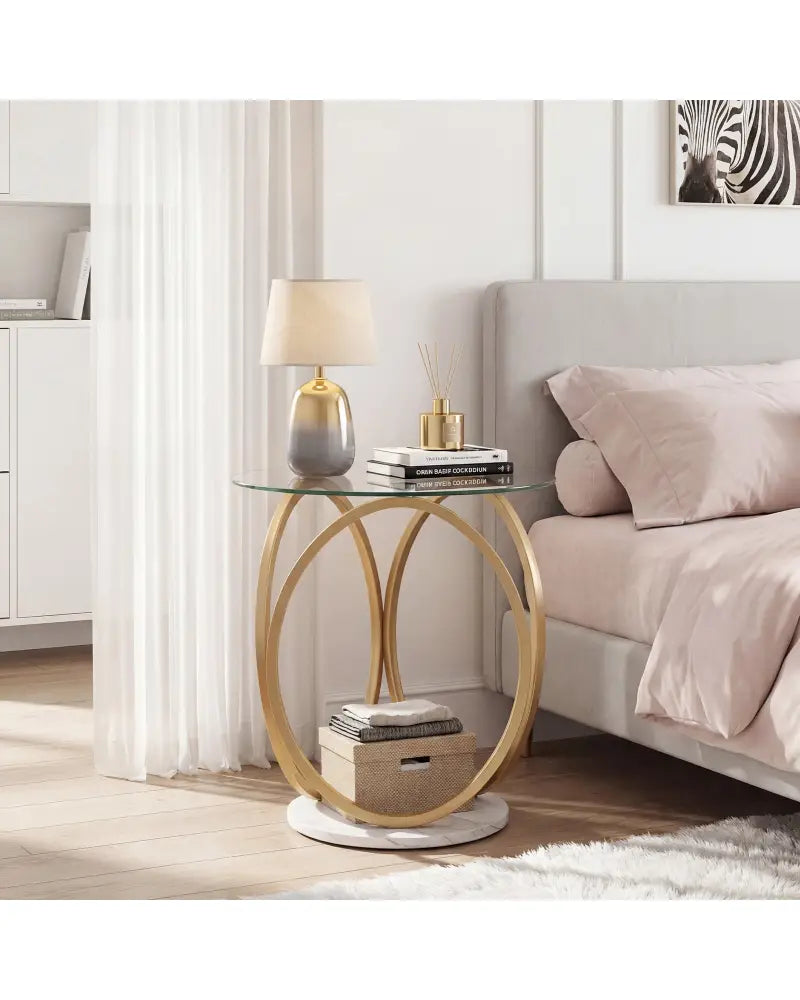 Round End Table Faux Marble Side Table with Tempered Glass Tabletop-Gold - Gold - End & Side Tables