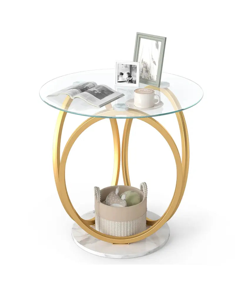 Round End Table Faux Marble Side Table with Tempered Glass Tabletop-Gold - Gold - End & Side Tables