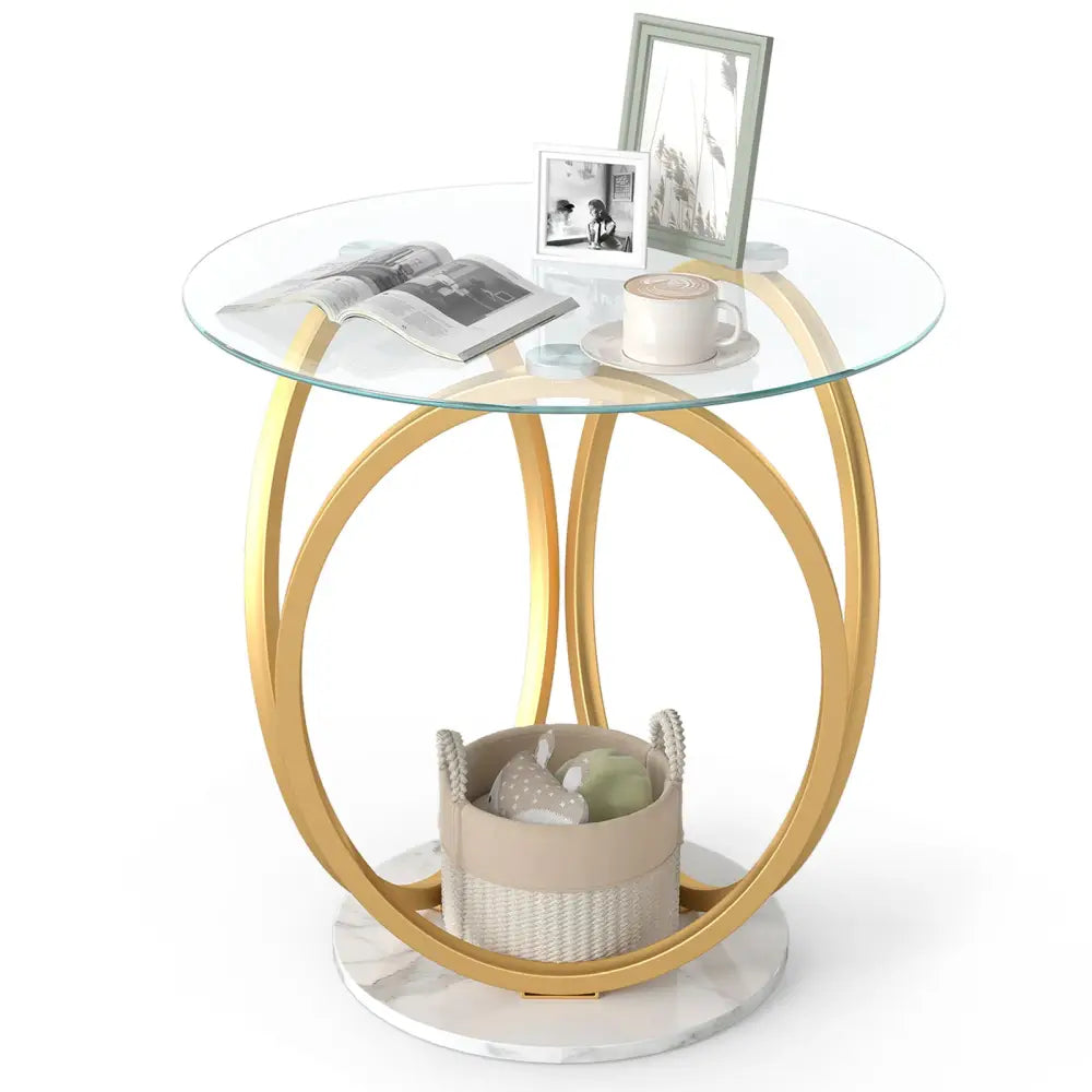 Round End Table Faux Marble Side Table with Tempered Glass Tabletop-Gold - Gold - End & Side Tables