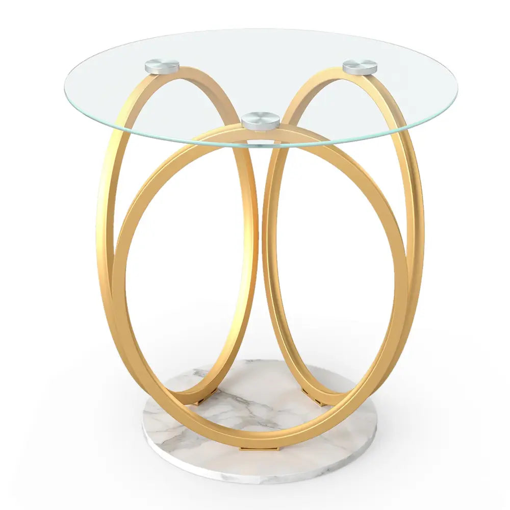 Round End Table Faux Marble Side Table with Tempered Glass Tabletop-Gold - Gold - End & Side Tables