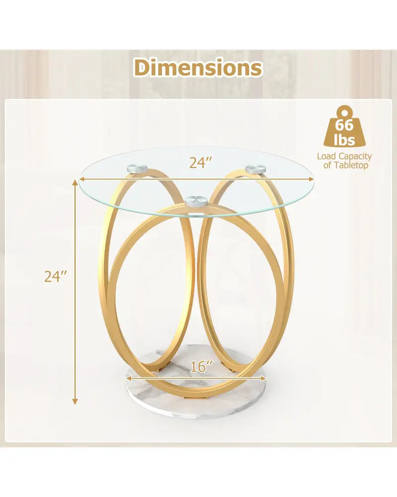 Round End Table Faux Marble Side Table with Tempered Glass Tabletop-Gold - Gold - End & Side Tables