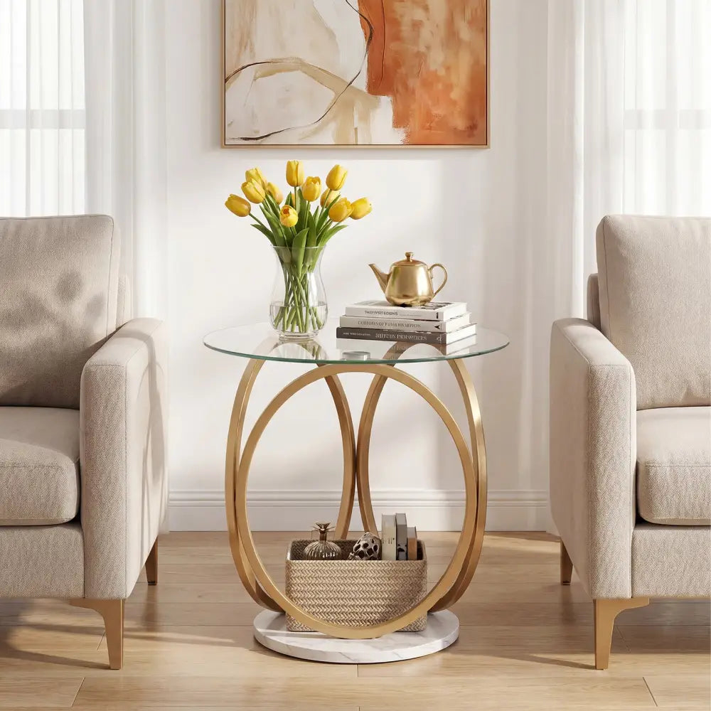 Round End Table Faux Marble Side Table with Tempered Glass Tabletop-Gold - Gold - End & Side Tables