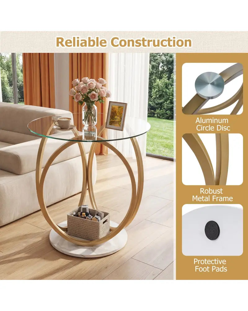 Round End Table Faux Marble Side Table with Tempered Glass Tabletop-Gold - Gold - End & Side Tables