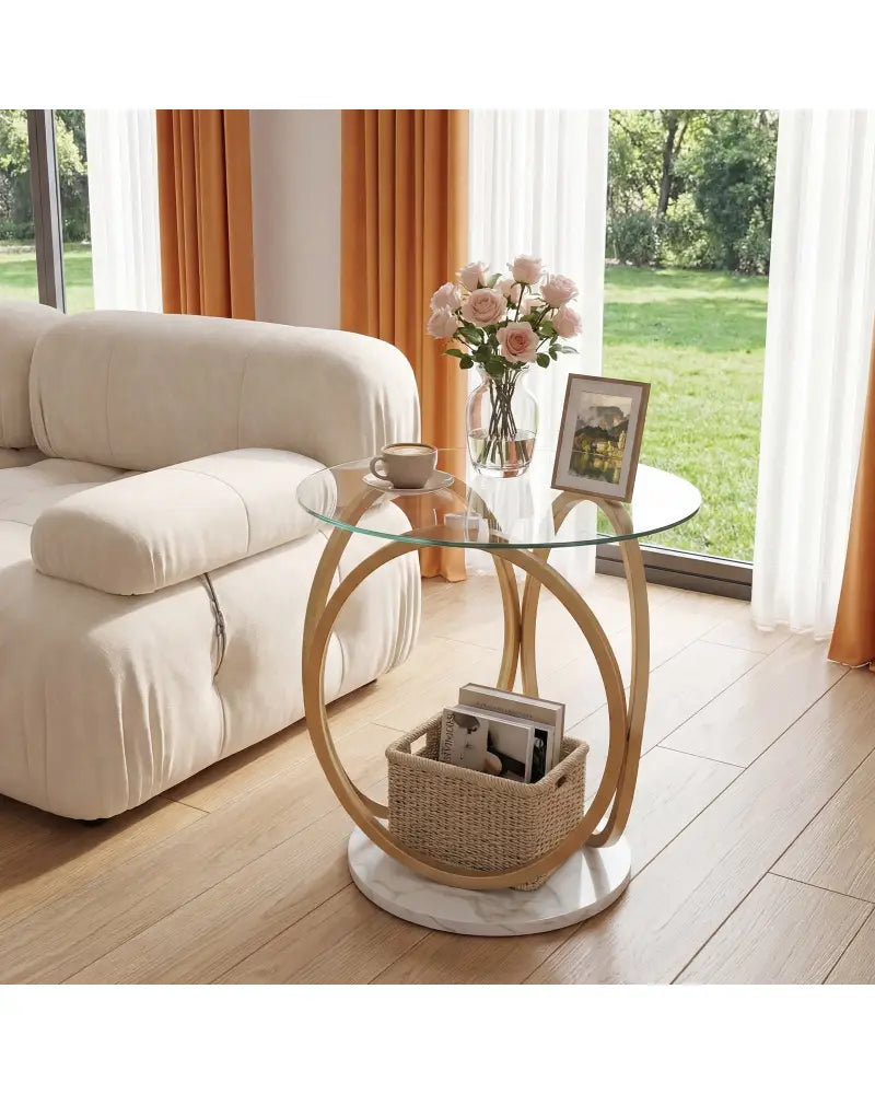 Round End Table Faux Marble Side Table with Tempered Glass Tabletop-Gold - Gold - End & Side Tables