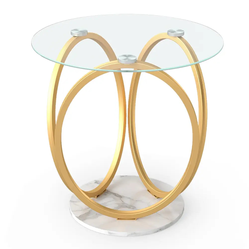 Round End Table Faux Marble Side Table with Tempered Glass Tabletop-Gold - Gold - End & Side Tables