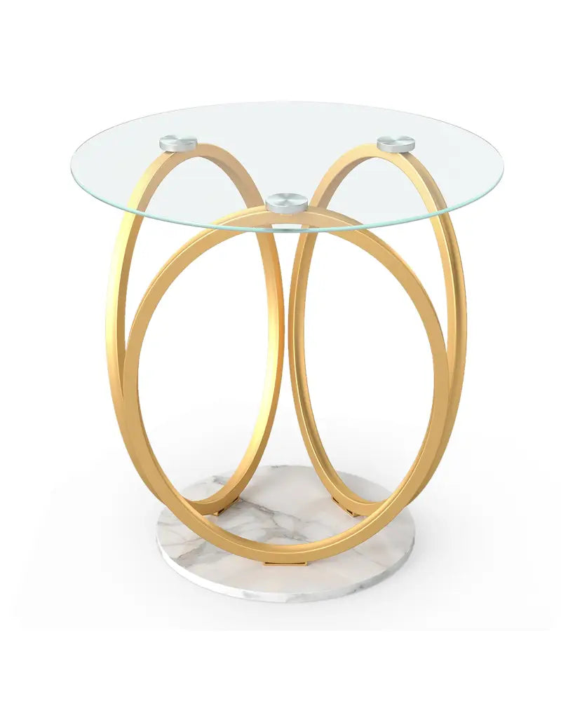 Round End Table Faux Marble Side Table with Tempered Glass Tabletop-Gold - Gold - End & Side Tables