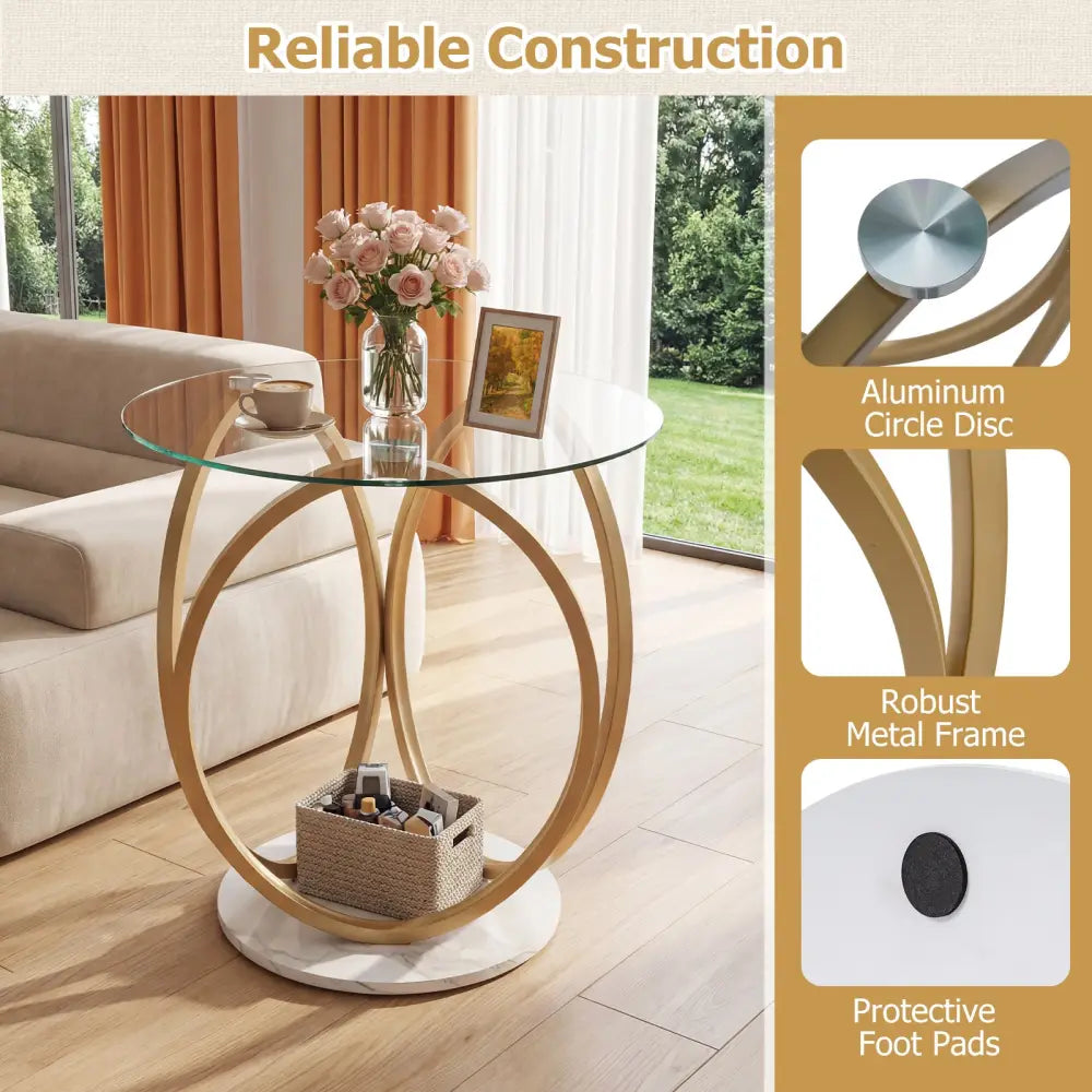 Round End Table Faux Marble Side Table with Tempered Glass Tabletop-Gold - Gold - End & Side Tables