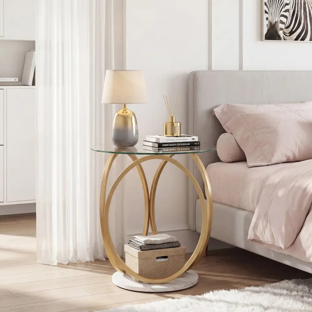Round End Table Faux Marble Side Table with Tempered Glass Tabletop-Gold - Gold - End & Side Tables