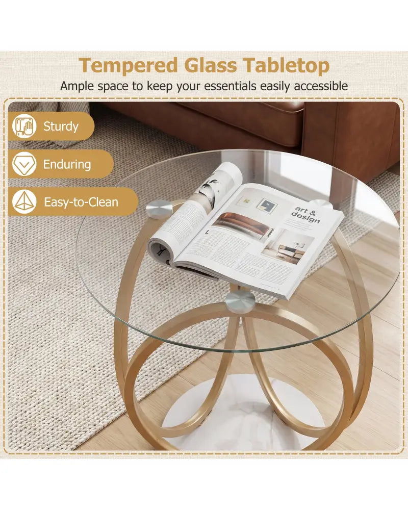 Round End Table Faux Marble Side Table with Tempered Glass Tabletop-Gold - Gold - End & Side Tables