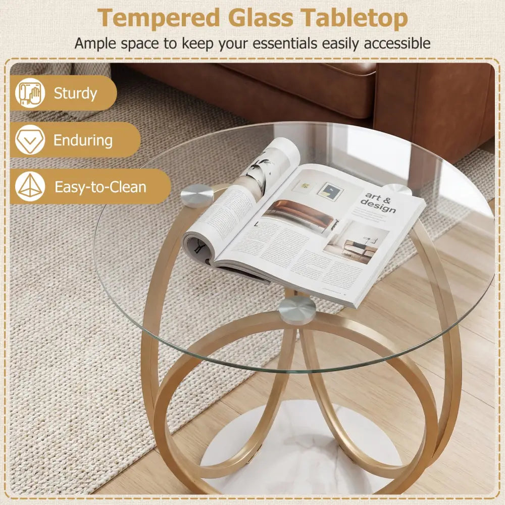 Round End Table Faux Marble Side Table with Tempered Glass Tabletop-Gold - Gold - End & Side Tables