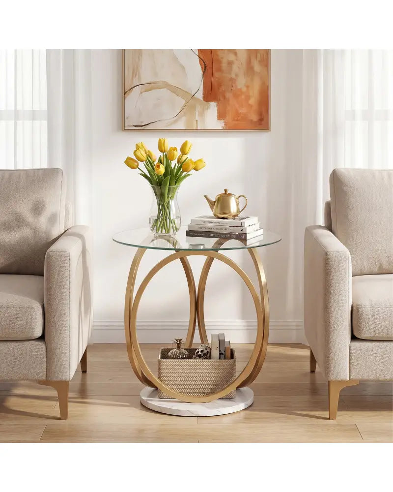 Round End Table Faux Marble Side Table with Tempered Glass Tabletop-Gold - Gold - End & Side Tables