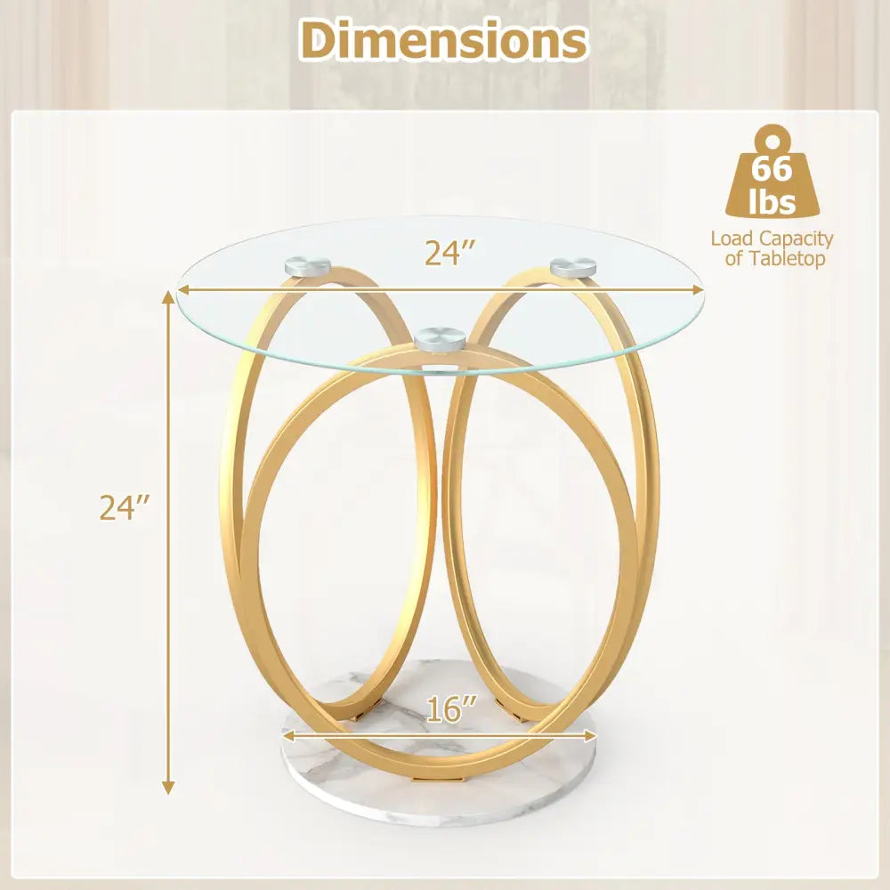 Round End Table Faux Marble Side Table with Tempered Glass Tabletop-Gold - Gold - End & Side Tables