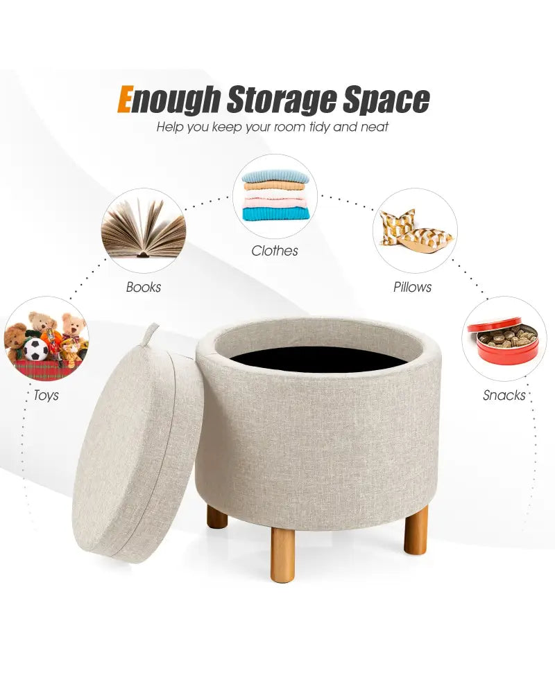 Round Fabric Storage Ottoman with Tray and Non-Slip Pads for Bedroom-Beige - Beige - Ottomans