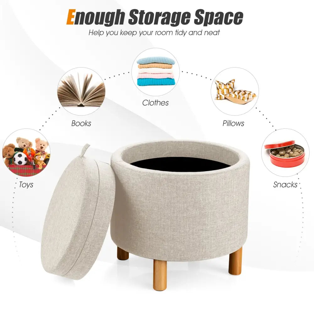 Round Fabric Storage Ottoman with Tray and Non-Slip Pads for Bedroom-Beige - Beige - Ottomans