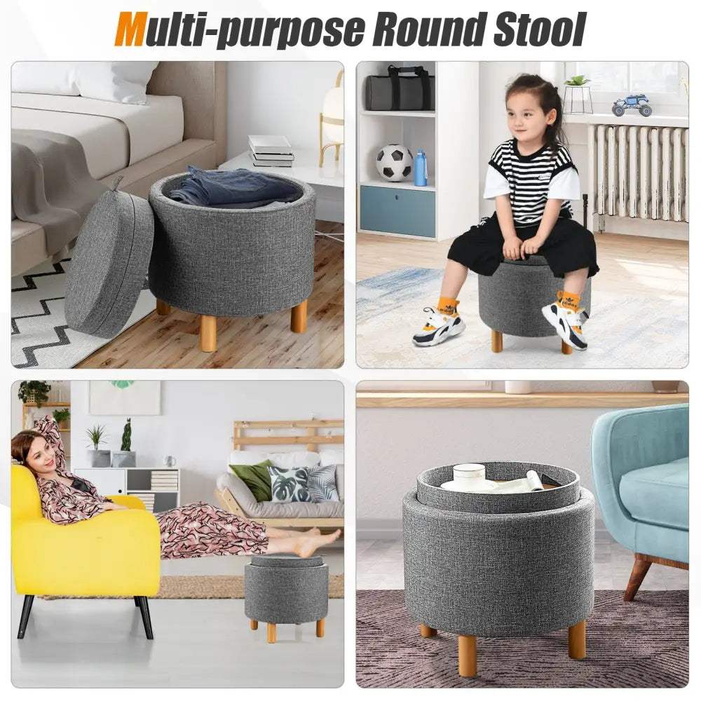 Round Fabric Storage Ottoman with Tray and Non-Slip Pads for Bedroom-Gray - Gray - Ottomans