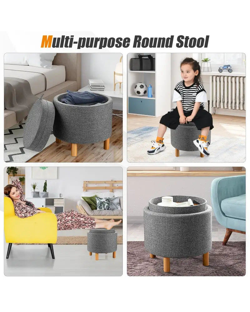 Round Fabric Storage Ottoman with Tray and Non-Slip Pads for Bedroom-Gray - Gray - Ottomans