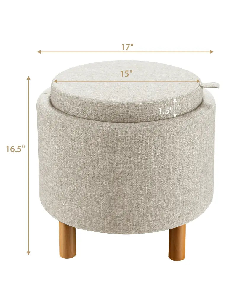 Round Fabric Storage Ottoman with Tray and Non-Slip Pads for Bedroom-Beige - Beige - Ottomans