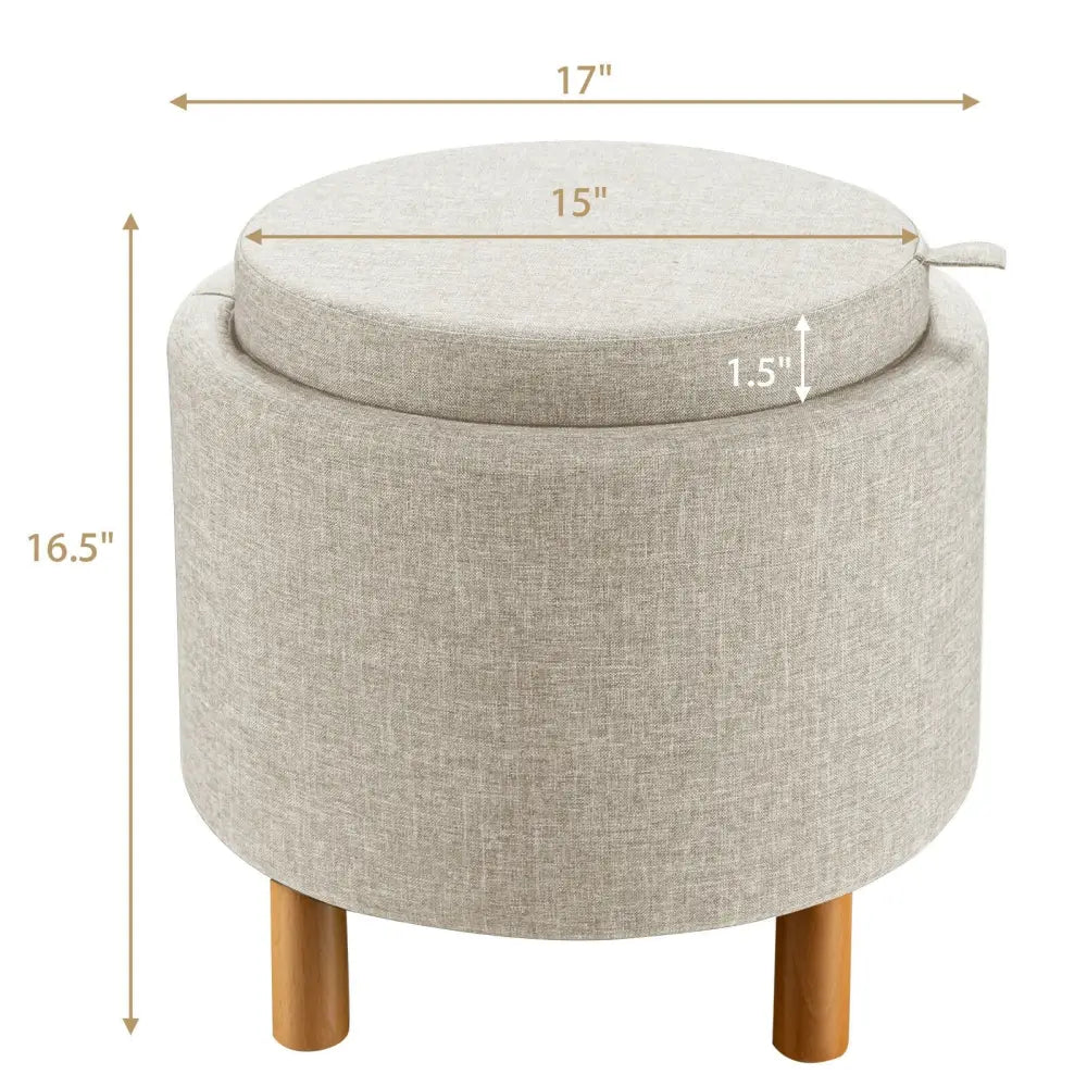 Round Fabric Storage Ottoman with Tray and Non-Slip Pads for Bedroom-Beige - Beige - Ottomans