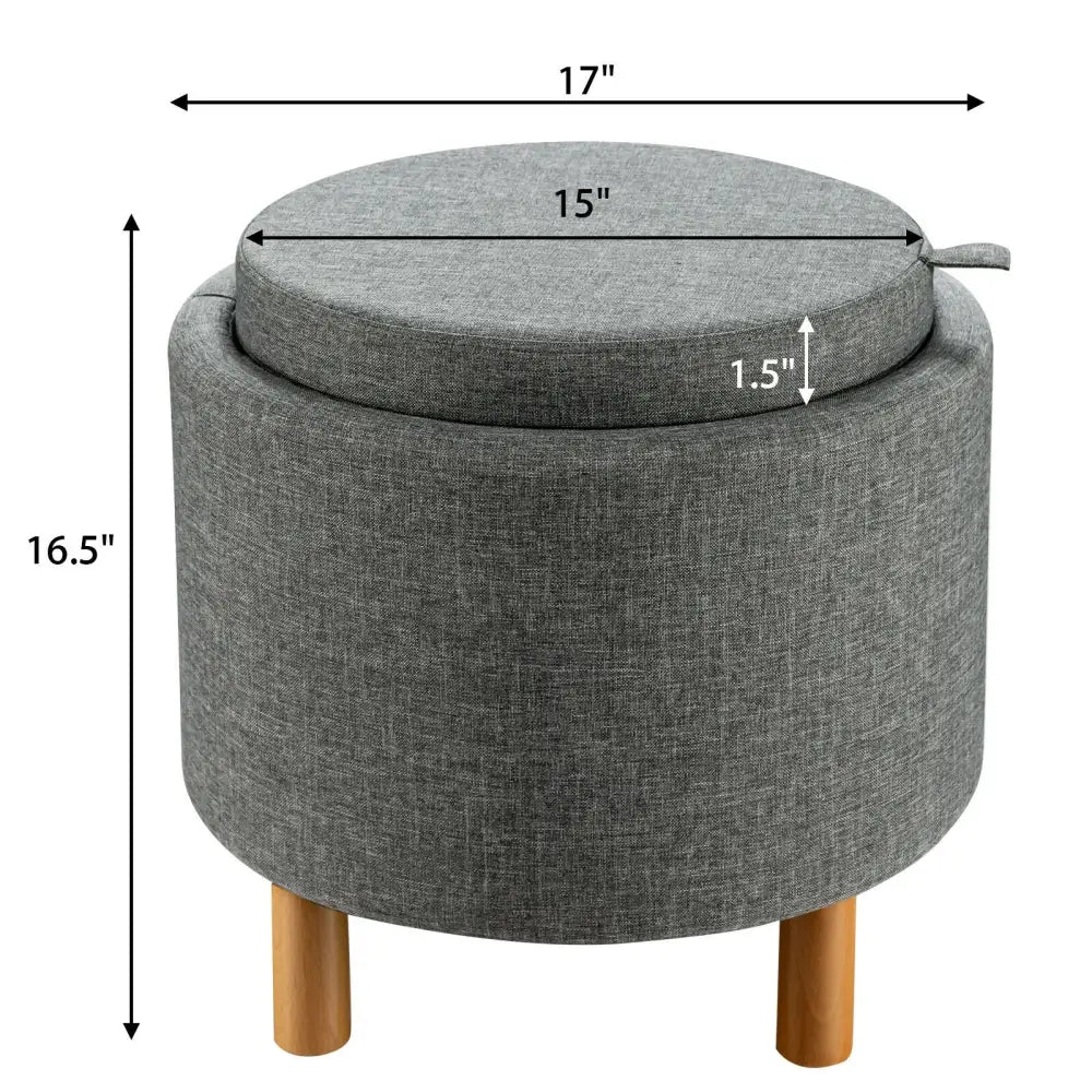Round Fabric Storage Ottoman with Tray and Non-Slip Pads for Bedroom-Gray - Gray - Ottomans