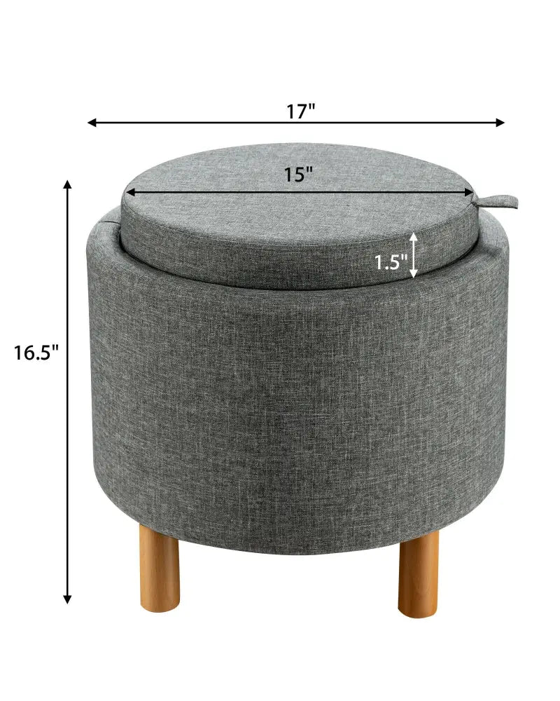 Round Fabric Storage Ottoman with Tray and Non-Slip Pads for Bedroom-Gray - Gray - Ottomans