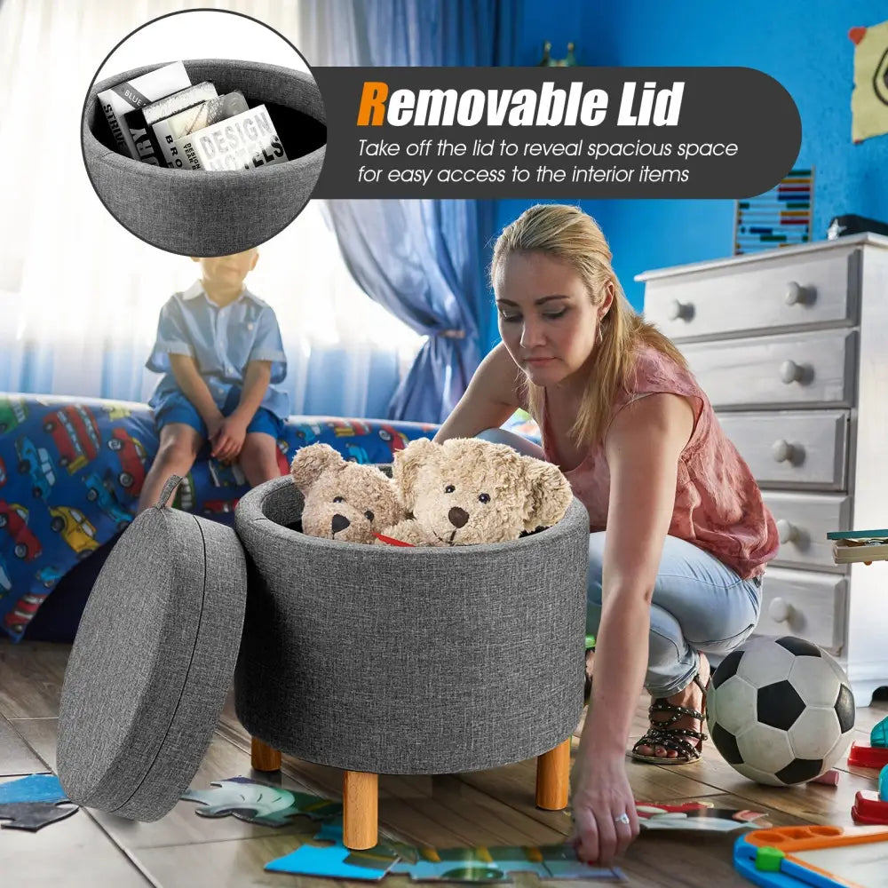 Round Fabric Storage Ottoman with Tray and Non-Slip Pads for Bedroom-Gray - Gray - Ottomans