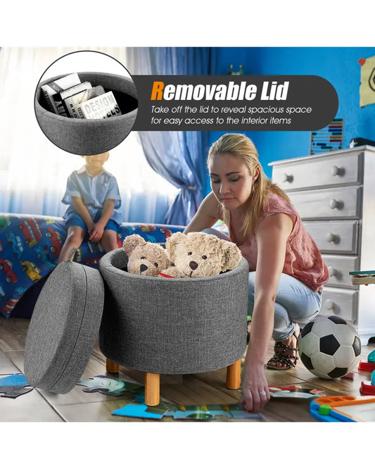 Round Fabric Storage Ottoman with Tray and Non-Slip Pads for Bedroom-Gray - Gray - Ottomans