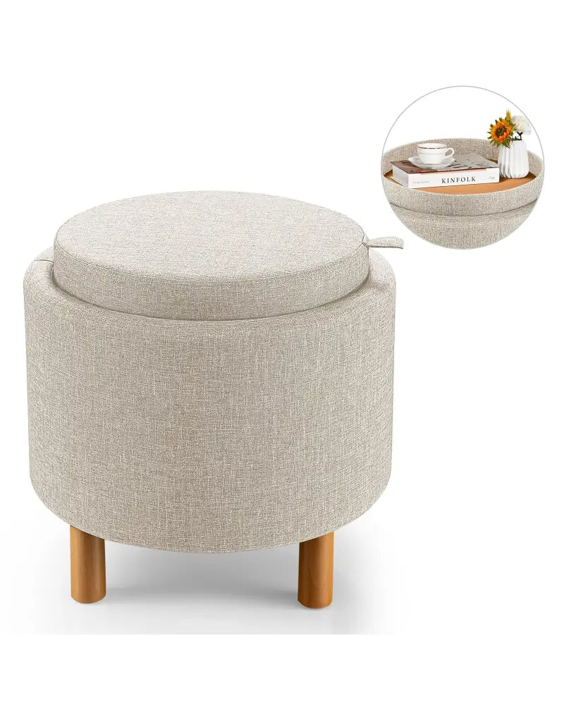 Round Fabric Storage Ottoman with Tray and Non-Slip Pads for Bedroom-Beige - Beige - Ottomans
