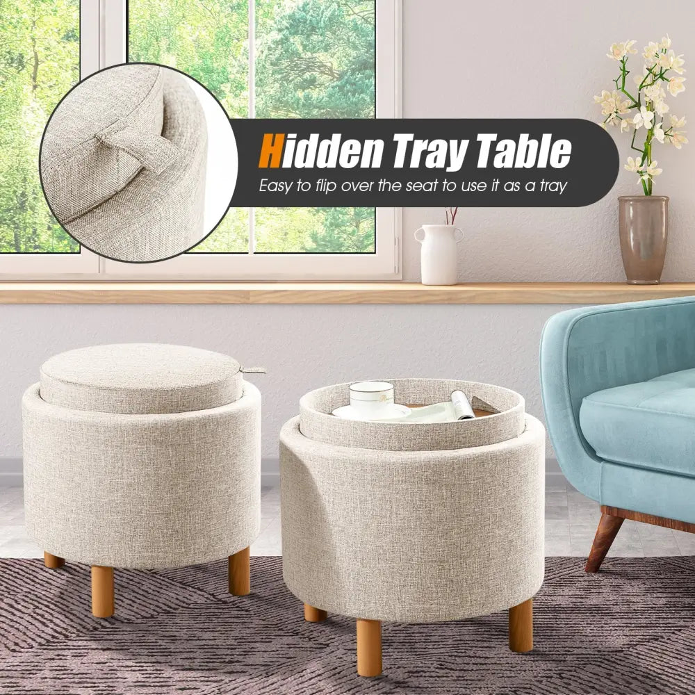 Round Fabric Storage Ottoman with Tray and Non-Slip Pads for Bedroom-Beige - Beige - Ottomans