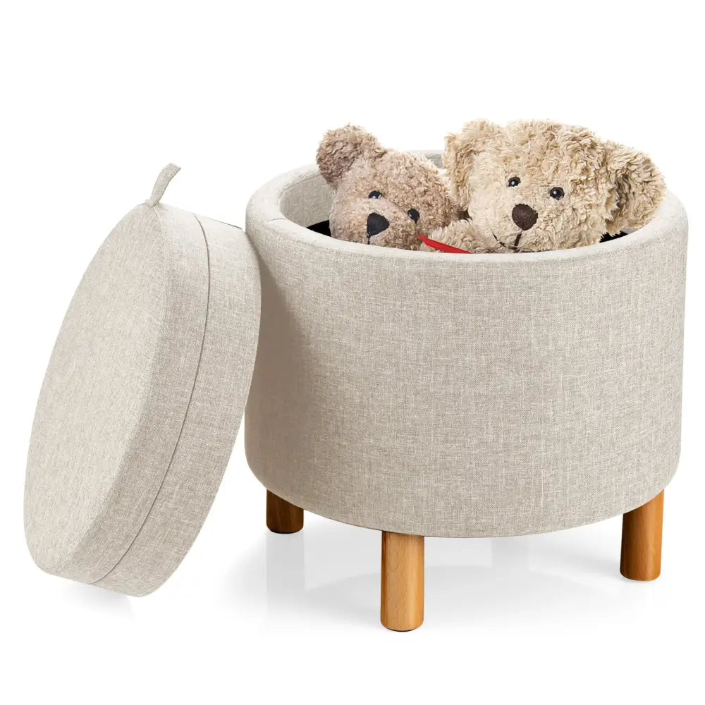 Round Fabric Storage Ottoman with Tray and Non-Slip Pads for Bedroom-Beige - Beige - Ottomans