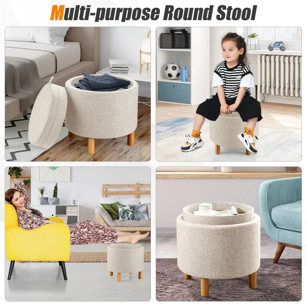 Round Fabric Storage Ottoman with Tray and Non-Slip Pads for Bedroom-Beige - Beige - Ottomans