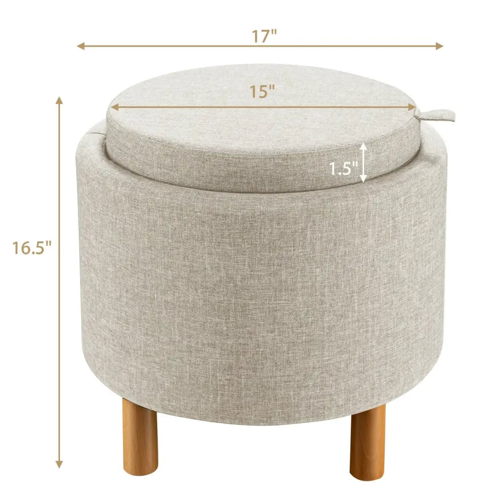 Round Fabric Storage Ottoman with Tray and Non-Slip Pads for Bedroom-Beige - Beige - Ottomans