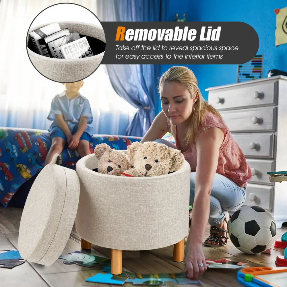 Round Fabric Storage Ottoman with Tray and Non-Slip Pads for Bedroom-Beige - Beige - Ottomans