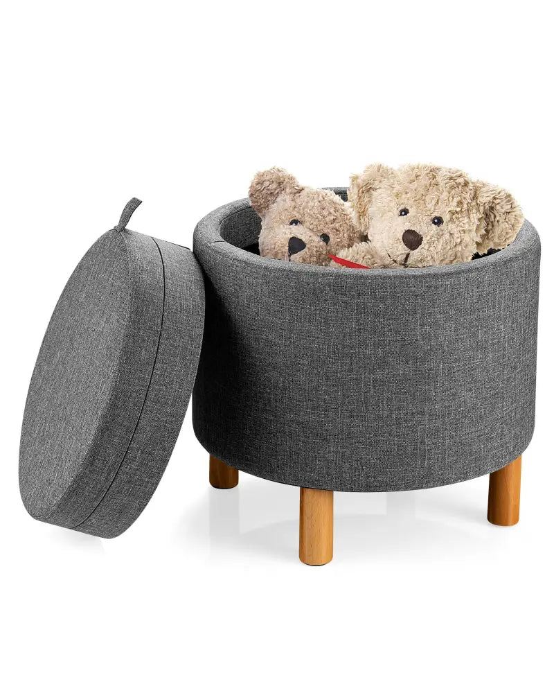 Round Fabric Storage Ottoman with Tray and Non-Slip Pads for Bedroom-Gray - Gray - Ottomans