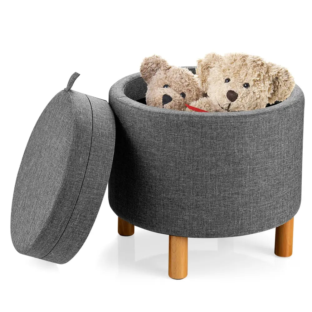 Round Fabric Storage Ottoman with Tray and Non-Slip Pads for Bedroom-Gray - Gray - Ottomans
